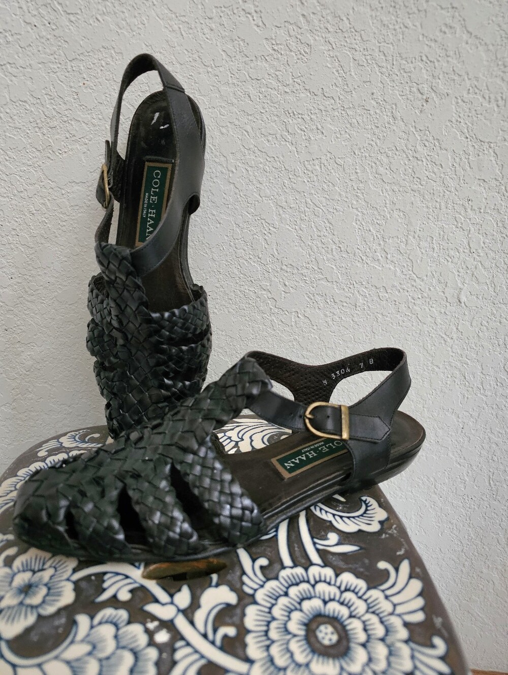Cole Haan Black Woven Braided Leather Slingback Sandals with Buckle Size 7